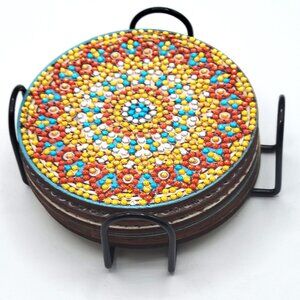 6 Bling Mandala Pattern Dot Coasters with Wood Bottoms & Metal Wire Holder 5"